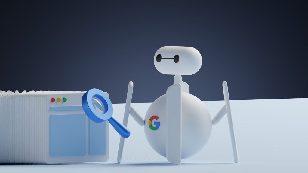 a white robot holding a magnifying glass next to a white box; scraping pipeline SEO pricing feed