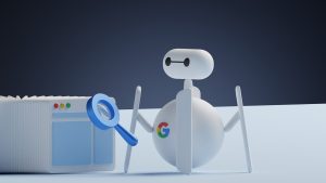 a white robot holding a magnifying glass next to a white box; scraping pipeline SEO pricing feed