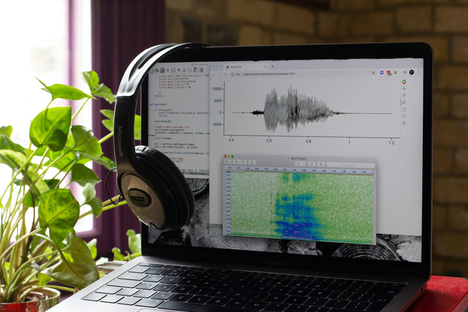 a laptop computer with headphones on top of it; RCS business messaging