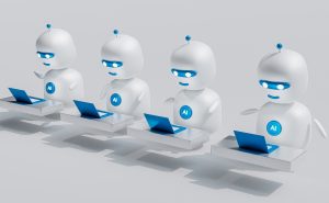 a group of white robots sitting on top of laptops; AI agents