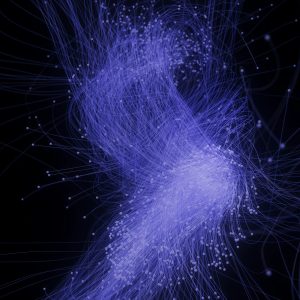 Abstract blue lines and dots on black background.