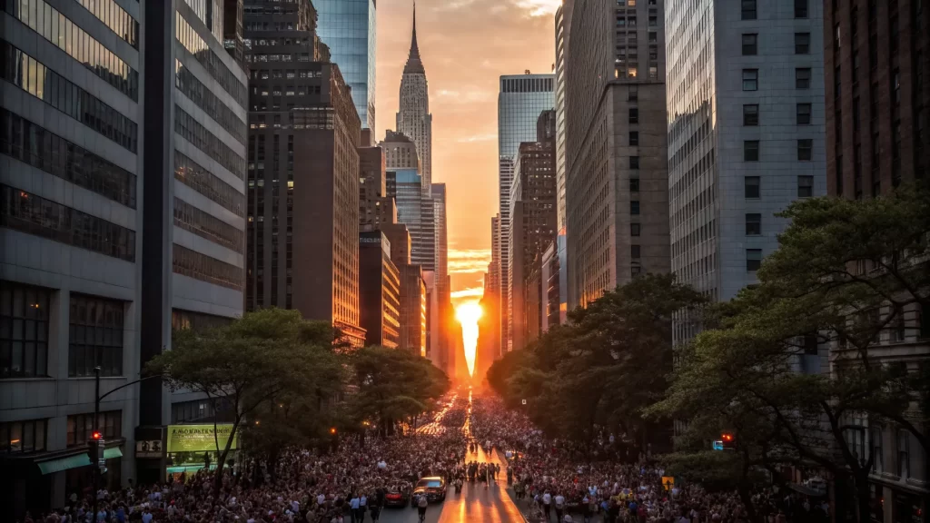 crowds gather for manhattanhenge sunset