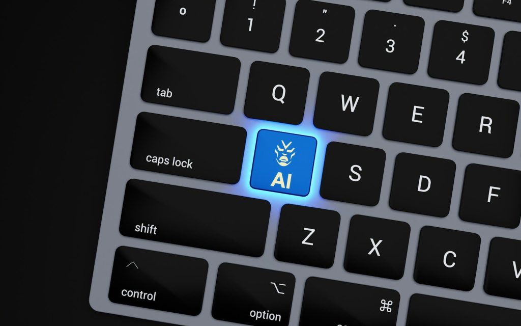 a close up of a keyboard with a blue button; AI pilots