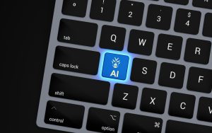 a close up of a keyboard with a blue button; AI pilots