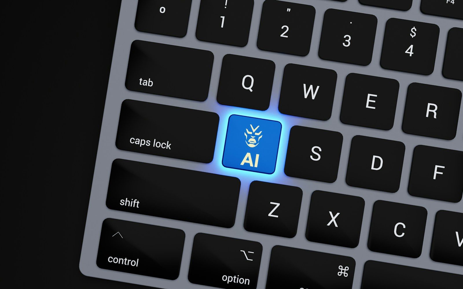 a close up of a keyboard with a blue button; AI pilots
