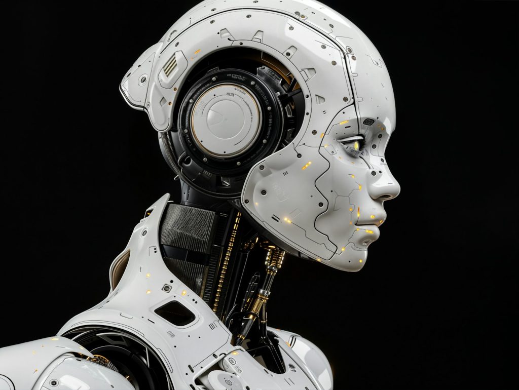 A white robot is standing in front of a black background