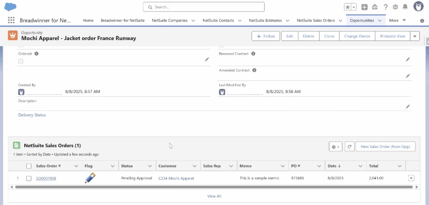Create a new Sales Order from Opportunity