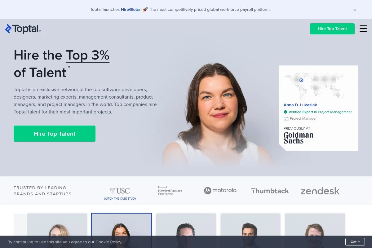 Screenshot of Toptal homepage