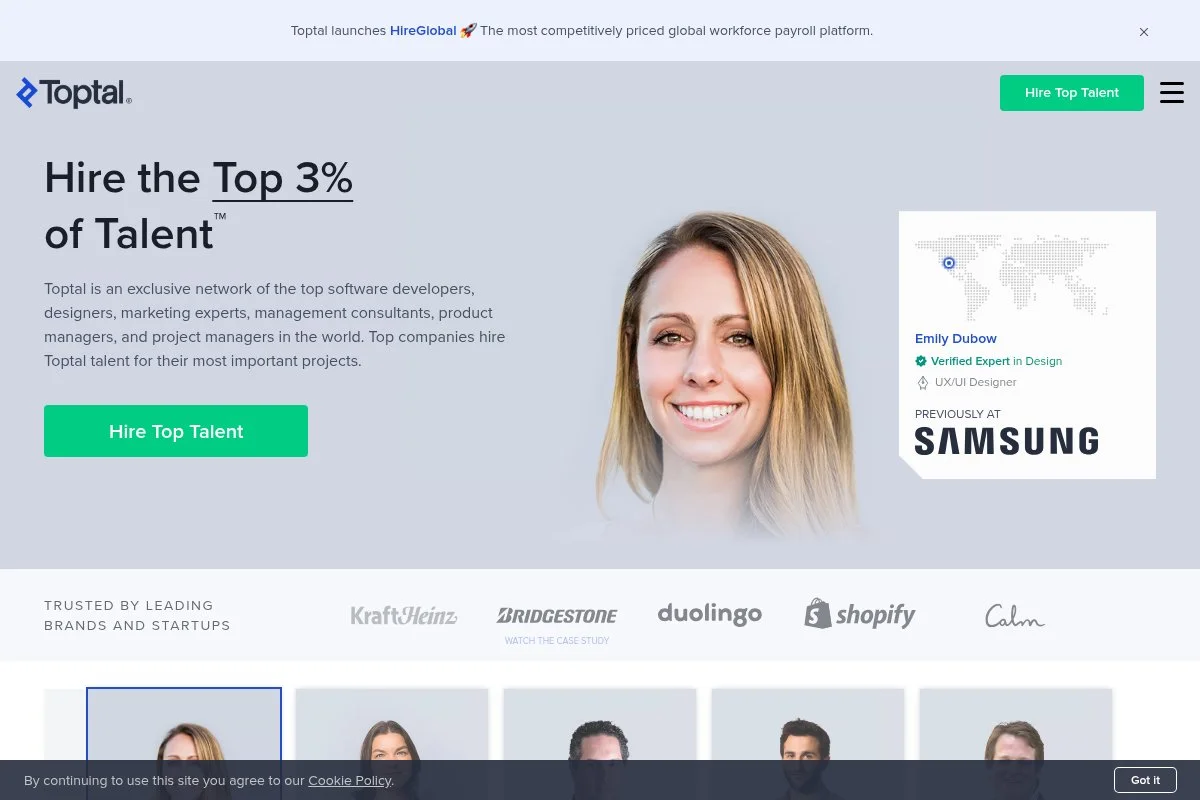 Screenshot of Toptal homepage