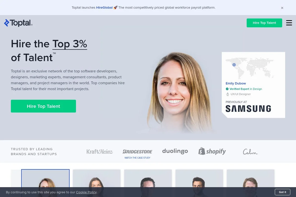 Screenshot of Toptal homepage