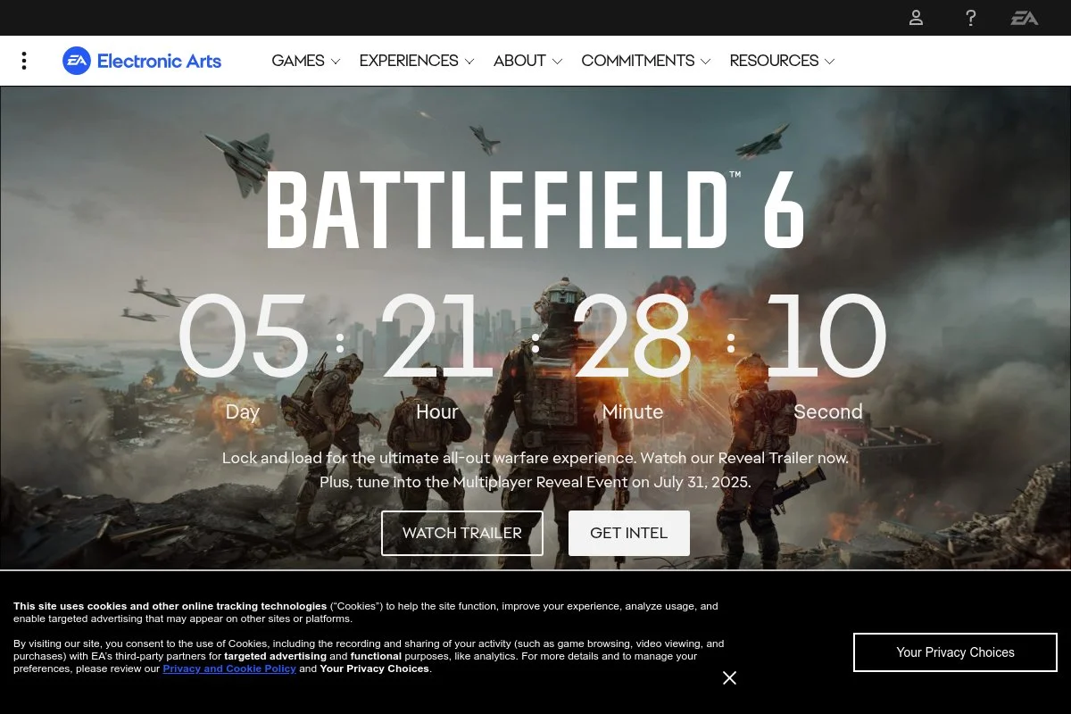 Screenshot of Electronic Arts homepage
