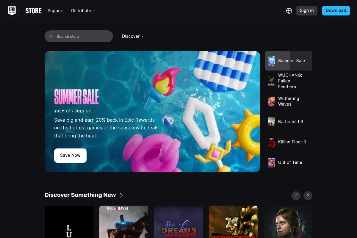 Screenshot of Epic Games homepage