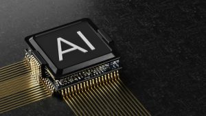 A black computer processor chip with gold pins on a dark circuit board; AI code review benchmark