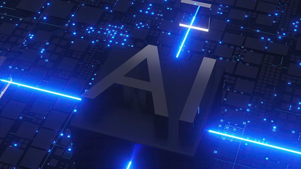 Ai text with glowing blue circuits and lights; AI workflow productivity