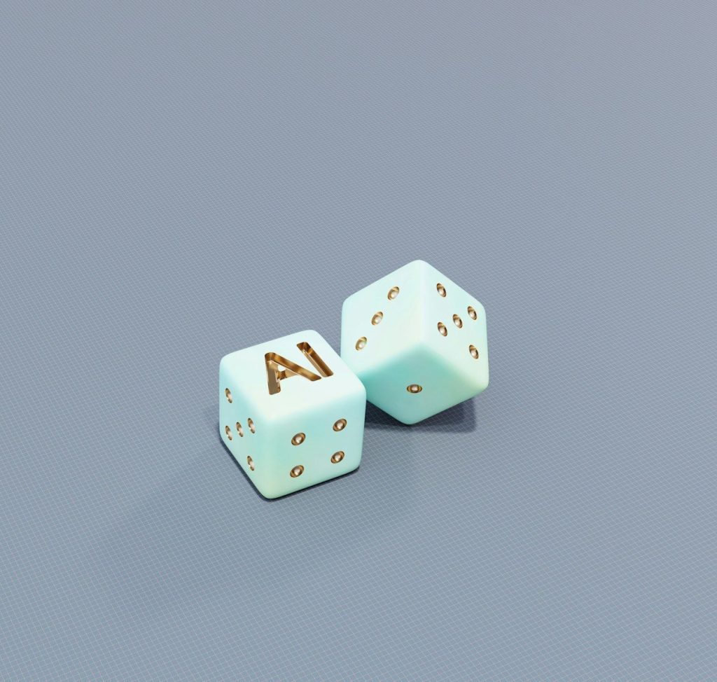 Two dice with ai letters and dots; AI development