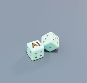 Two dice with ai letters and dots; AI development