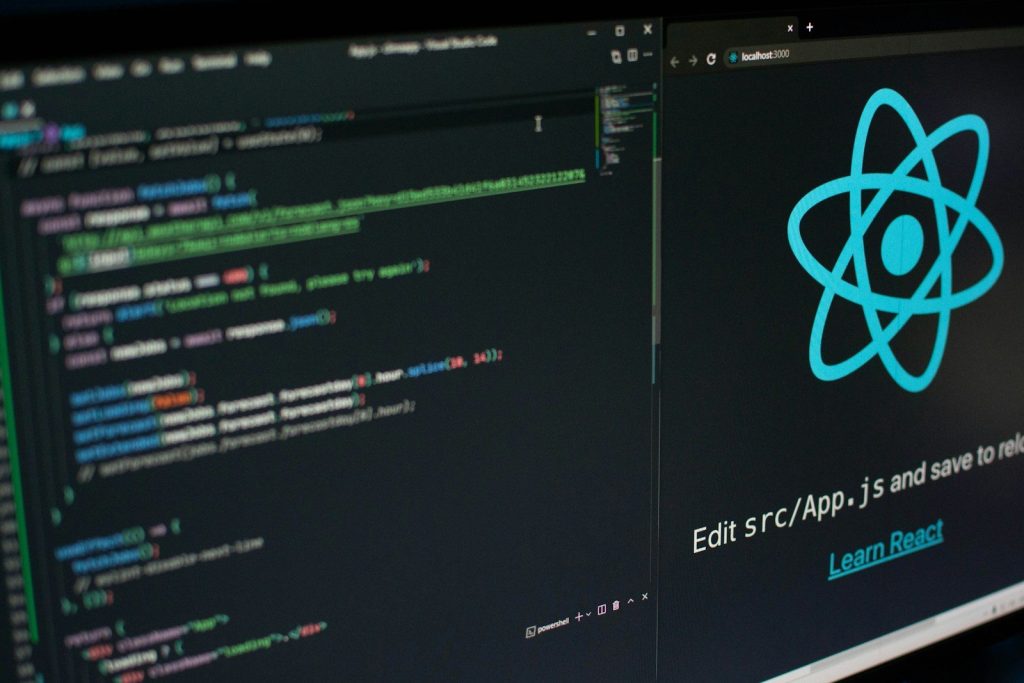 a computer screen with a logo on it; React 19.3